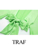 TRAF Women's  2Pcs Green Satin Skirt Sets Butterfly Satin Backless Top+Silk Satin Texture Midi Skirt  Sexy Tops Set