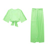 TRAF Women's  2Pcs Green Satin Skirt Sets Butterfly Satin Backless Top+Silk Satin Texture Midi Skirt  Sexy Tops Set