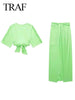 TRAF Women's  2Pcs Green Satin Skirt Sets Butterfly Satin Backless Top+Silk Satin Texture Midi Skirt  Sexy Tops Set