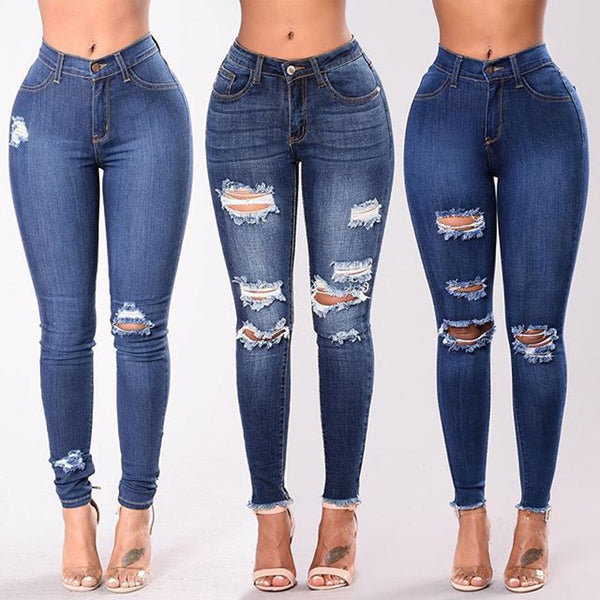 2022 Women Jeans  Stretch Skinny Ripped Hole Denim Female Slim High Waist Pencil Trousers Elegant Lady Button Bottom