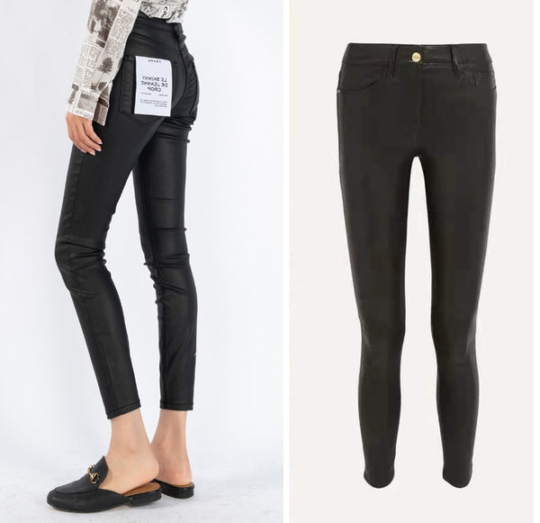 2022 Autumn Winter Imitation Leather Breathable Classic Brand  High Waist Tight 9-point Leg Jeans Women Pants