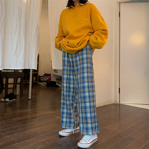 2022 Ladies Spring Summer Harajuku Checkered Pajama Plaid Pants Women Oversize Wide Leg Trousers Female Korean Style High Waist