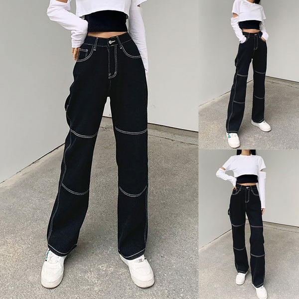 2022 Women's Stitching High Waist Loose Jeans With Pockets Straight Trousers Casual All-match Jeans Штаны Fast Shipping