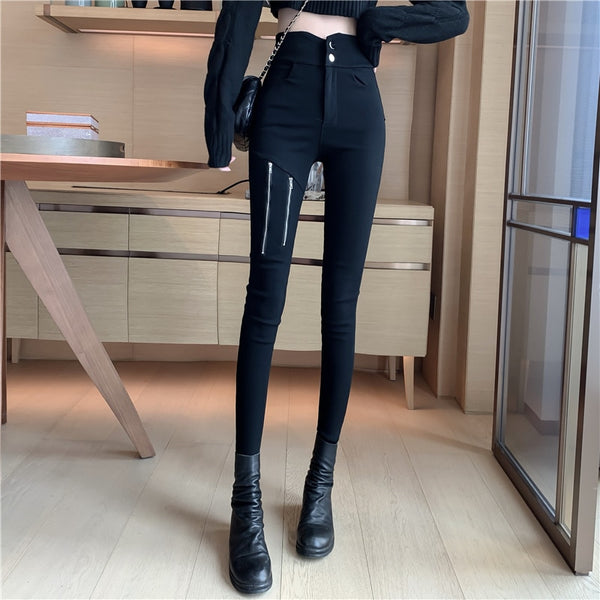 2022 spring autumn elastic zipper leggings large size pants trousers slim pants black feet pants women's pencil pants KZ539