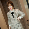 2022SS Female Elegant Women's Pleated Skirt Suit Gray Plaid Blazer Bussiness Jacket Office Lady 2 Pieces Set Plus Size S-4XL