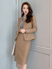 2023 Autumn Elegant 2 Pieces Sets Women Khaki V-neck Open Stitch Coat Split Midi Skirt Work Style Office Formal Lady Suits