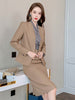 2023 Autumn Elegant 2 Pieces Sets Women Khaki V-neck Open Stitch Coat Split Midi Skirt Work Style Office Formal Lady Suits