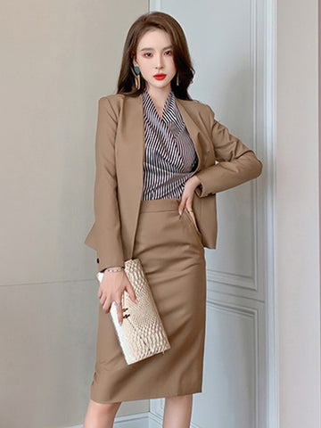 2023 Autumn Elegant 2 Pieces Sets Women Khaki V-neck Open Stitch Coat Split Midi Skirt Work Style Office Formal Lady Suits