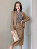 2023 Autumn Elegant 2 Pieces Sets Women Khaki V-neck Open Stitch Coat Split Midi Skirt Work Style Office Formal Lady Suits