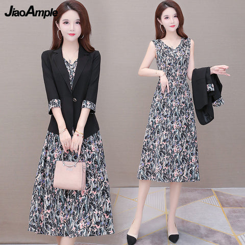 2023 Autumn Suit Floral Suspender Dress Two-piece Women's Casual Blazers Midi Skirt Set Korean Elegant Professional Dresse Set