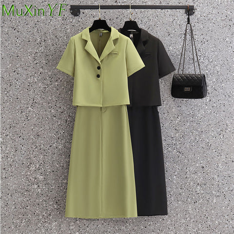 2023 Summer Korean Women's Blazers Midi Skirts Two Piece Set Office Lady Casual Solid Shorts Suit Jacket Skirt Outfits