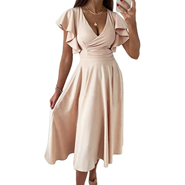 Wedding Guest Dresses for Women 2023 Summer V Neck Midi Rehearsal Dinner Long Dress