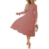 Women's Casual Long Sleeve Smocked Dress Crewneck Swiss Dot Flowy Tiered Midi Dress