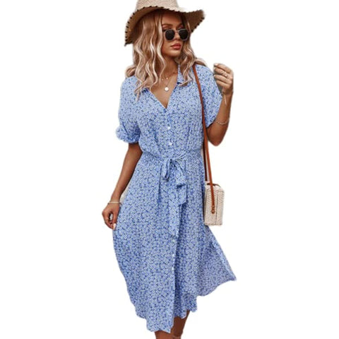 Womens Summer Dress Casual Ditsy Floral Tie Front Button Up Boho Midi Tshirt Dresses