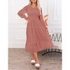 Women's Casual Long Sleeve Smocked Dress Crewneck Swiss Dot Flowy Tiered Midi Dress