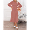 Women's Casual Long Sleeve Smocked Dress Crewneck Swiss Dot Flowy Tiered Midi Dress