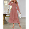 Women's Casual Long Sleeve Smocked Dress Crewneck Swiss Dot Flowy Tiered Midi Dress