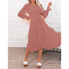 Women's Casual Long Sleeve Smocked Dress Crewneck Swiss Dot Flowy Tiered Midi Dress