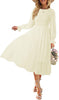 Women's Casual Long Sleeve Smocked Dress Crewneck Swiss Dot Flowy Tiered Midi Dress