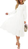 Women's Casual Long Sleeve Smocked Dress Crewneck Swiss Dot Flowy Tiered Midi Dress