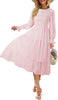 Women's Casual Long Sleeve Smocked Dress Crewneck Swiss Dot Flowy Tiered Midi Dress