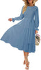 Women's Casual Long Sleeve Smocked Dress Crewneck Swiss Dot Flowy Tiered Midi Dress