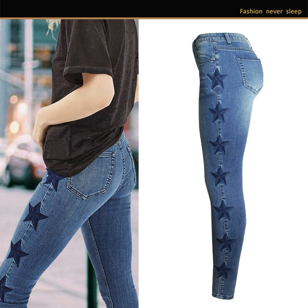 AM093 Women Jeans Street Style Skinny Sexy Ladies Chic Youth Star Pattern Embroidery Distressed Zipper Button Denim Pencil Pants