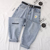 American retro letter embroidery jeans women's 2022 street hip-hop mopping wide-leg pants couples plus size loose trousers