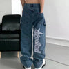 American retro letter embroidery jeans women's 2022 street hip-hop mopping wide-leg pants couples plus size loose trousers