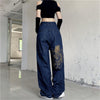 American retro street loose embroidered straight-leg jeans women 2022 casual all-match high-waist mopping wide-leg trousers