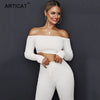 Off Shoulder Sexy Two Piece Jumpsuit Women Romper Autumn Slash Nech Long Sleeve Crop Top Party Bodycon Playsuit Overalls