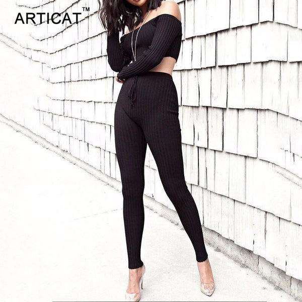 Off Shoulder Sexy Two Piece Jumpsuit Women Romper Autumn Slash Nech Long Sleeve Crop Top Party Bodycon Playsuit Overalls