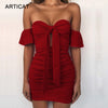 Off Shoulder Strapless Sexy Ruched Summer Dress Women Bow Knot Backless Mini Dress Short Sleeve Bodycon Bandage Dresses