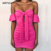 Off Shoulder Strapless Sexy Ruched Summer Dress Women Bow Knot Backless Mini Dress Short Sleeve Bodycon Bandage Dresses