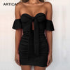 Off Shoulder Strapless Sexy Ruched Summer Dress Women Bow Knot Backless Mini Dress Short Sleeve Bodycon Bandage Dresses