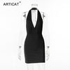 Sexy Backless Chains Bodycon Dress Women Deep V Neck Halter Sleeveless Bandage Mini Dress Elegant Short Party Club Dress