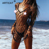 Sexy Hollow Out Summer Dress Women Black Beads Crochet Backless See Through Mini Dress Casual Party Beach Dress Vestidos