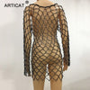 Sexy Hollow Out Summer Dress Women Black Beads Crochet Backless See Through Mini Dress Casual Party Beach Dress Vestidos