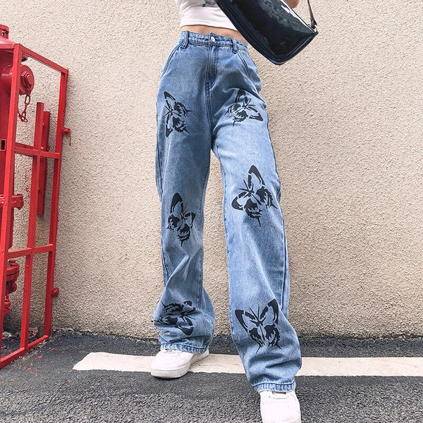 Autumn Cute Loose SML Print Butterfly Straight Jeans High Waist Woman Casual Denim Pants Girl Cotton Jeans Trousers