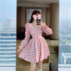 Autumn Japanese Women Mini Lolita Dress School Girls Lace Pink Plaid Sundress Beading Flare Sleeve Kawaii A Line Korean Dresses