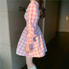 Autumn Japanese Women Mini Lolita Dress School Girls Lace Pink Plaid Sundress Beading Flare Sleeve Kawaii A Line Korean Dresses