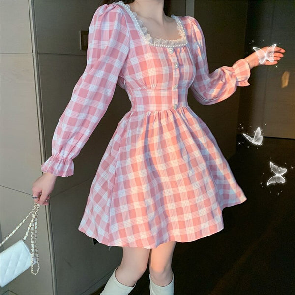 Autumn Japanese Women Mini Lolita Dress School Girls Lace Pink Plaid Sundress Beading Flare Sleeve Kawaii A Line Korean Dresses