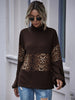 BKMGC Dark Brown Coffee Leopard Print Patchwork Turtle Neck Flip Collar Autumn Sweatshirt T-Shirt Hoodie Pullover Top For Women