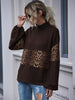 BKMGC Dark Brown Coffee Leopard Print Patchwork Turtle Neck Flip Collar Autumn Sweatshirt T-Shirt Hoodie Pullover Top For Women