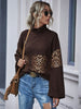 BKMGC Dark Brown Coffee Leopard Print Patchwork Turtle Neck Flip Collar Autumn Sweatshirt T-Shirt Hoodie Pullover Top For Women