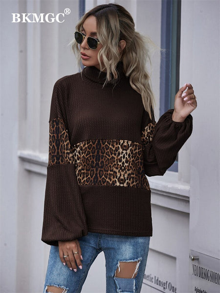 BKMGC Dark Brown Coffee Leopard Print Patchwork Turtle Neck Flip Collar Autumn Sweatshirt T-Shirt Hoodie Pullover Top For Women