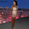 Sexy One Shoulder Metallic Crochet Mini Dress With Sashes Womens Mesh Dress Beach Wear Stretchy Night Out Dress