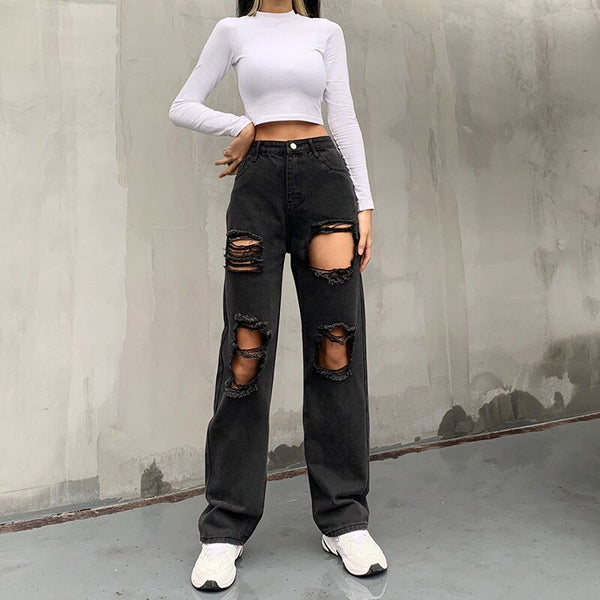 Black Ripped Straight Leg Pants Popular Mom Boyfriend Causal Baggy Pants Cargo Pants Women Jeans Woman High Waist Stretch Jeans