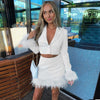 Blazer Suit Set Women 2023 Streetwear Burr Sleeve Blazer and Burr Feather Hem Bodycon Midi Skirt Two 2 Piece Set Outfits