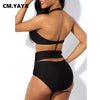 CM.YAYA Sexy Solid Women's Bikinis Set Lace Up Halter Crop Tops High Waist Panties Matching Two Piece Set Outfits Beach Swimsuit